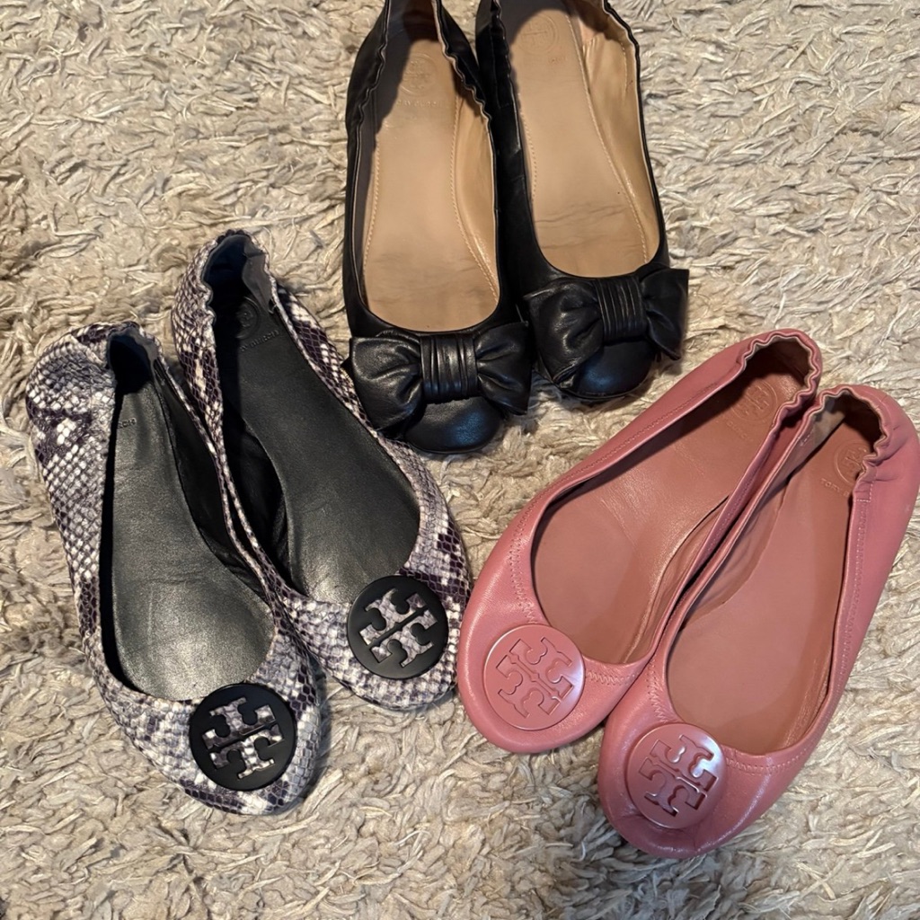 Tory Burch Black, Pink, And Snakeskin Ballet Flats